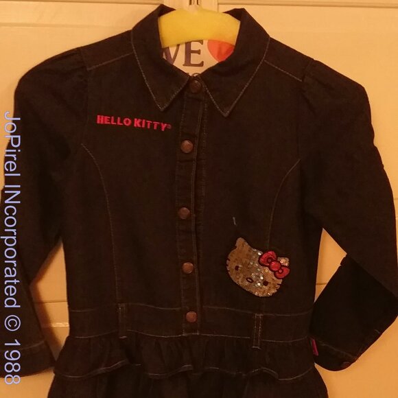 Hello Kitty Sequin Faced Blue Denim Kids Dress sz 6